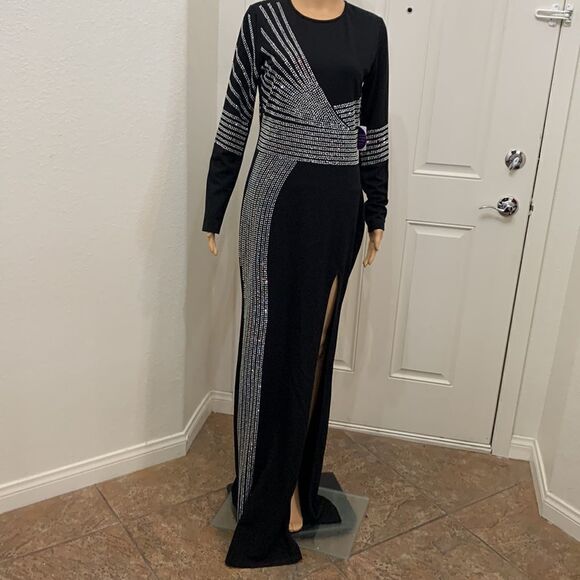 Windsor Size Medium Scoop Neck Black Diamond Studded Maxi Side Slit Dress New - Picture 4 of 15